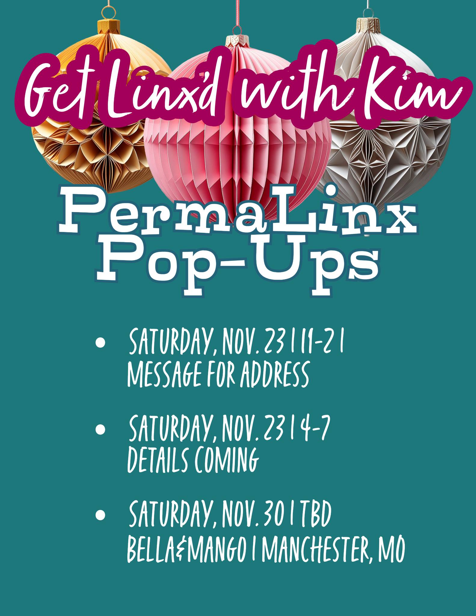 I hope to see you soon! Please message me for addresses and I also have private appointments available!

#permanentjewelry #permalinx #permanentbracelet #permalinxbykim